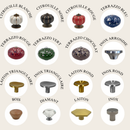 Different styles and colors of cabinet knobs including cookut designs.