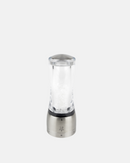 Moulin à sel Peugeot Daman U’Select en acrylique et inox, mécanisme en acier inoxydable, mouture réglable, idéal pour sel sec, disponible en plusieurs tailles, fabrication française.